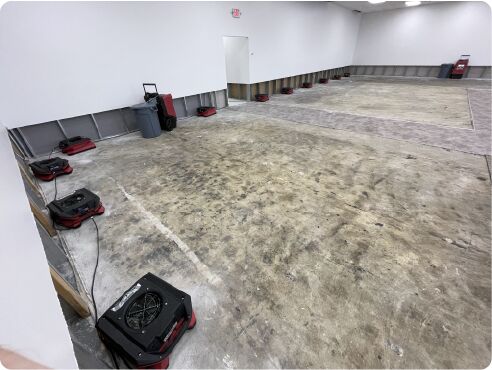DRI Gulf Coast air movers and dehumidifiers drying a gutted room after water damage