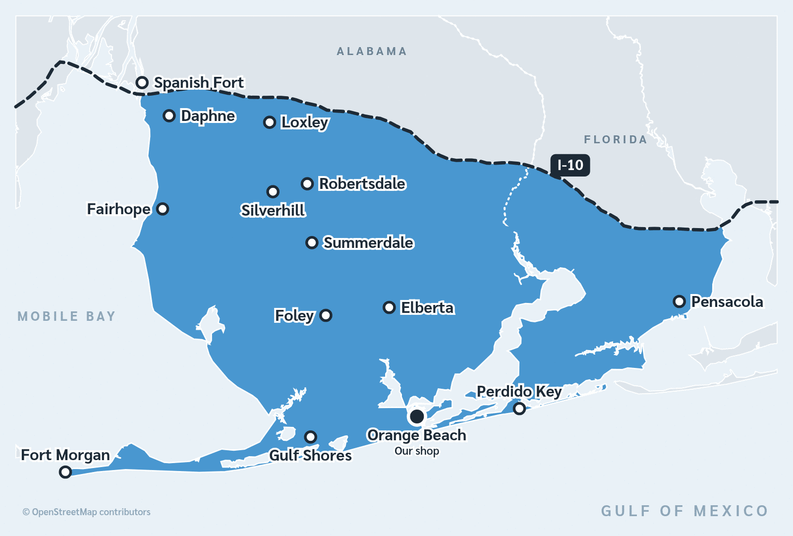 Service area map for DRI Gulf Coast water, fire and mold restoration in Baldwin County, Alabama and Pensacola, Florida