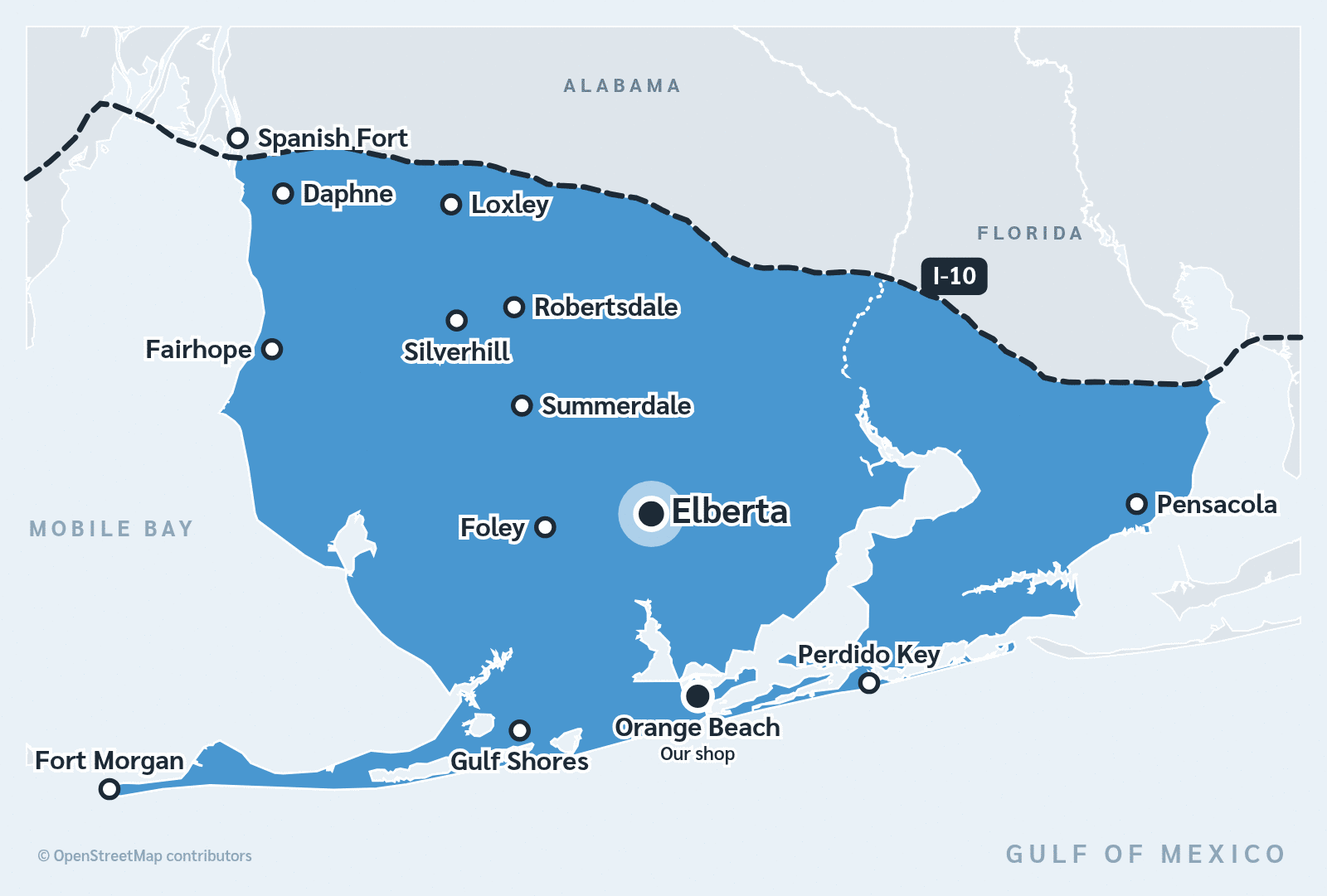 Map of the DRI Gulf Coast service area with Elberta, AL marked