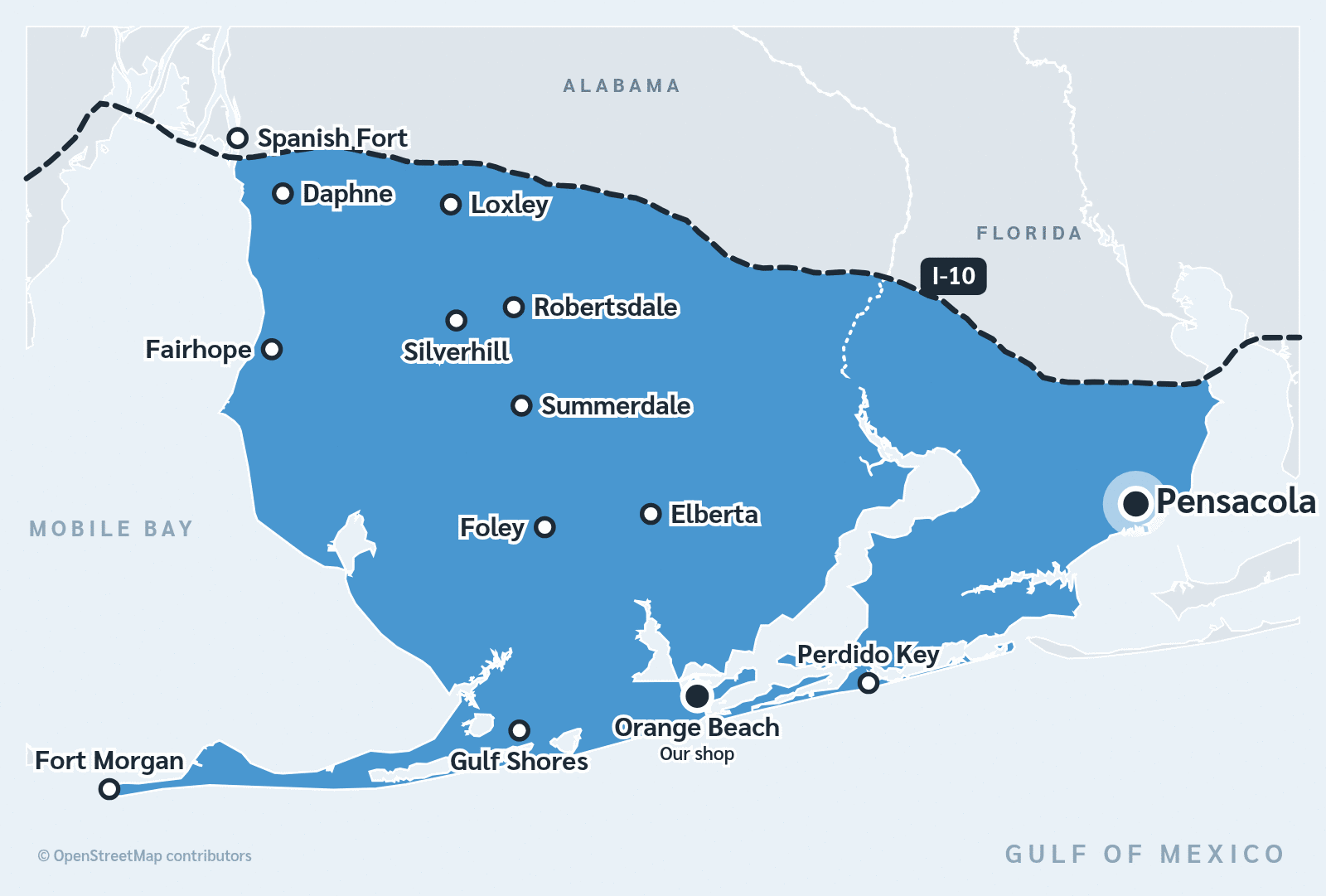 Map of the DRI Gulf Coast service area with Pensacola, FL marked