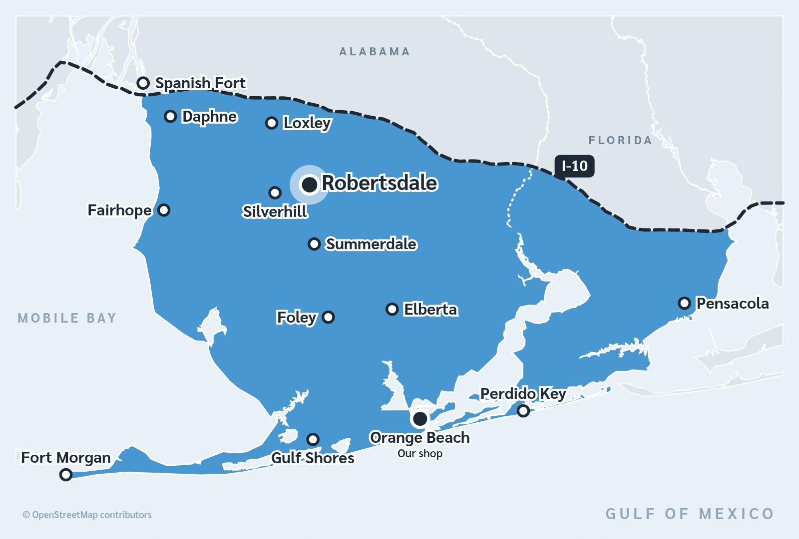 Map of the DRI Gulf Coast service area with Robertsdale, AL marked